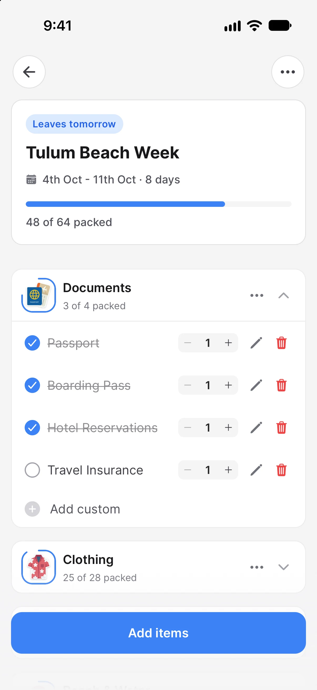 A packing list for a beach week that leaves tomorrow: 48 of 64 items packed, the passport ticked off