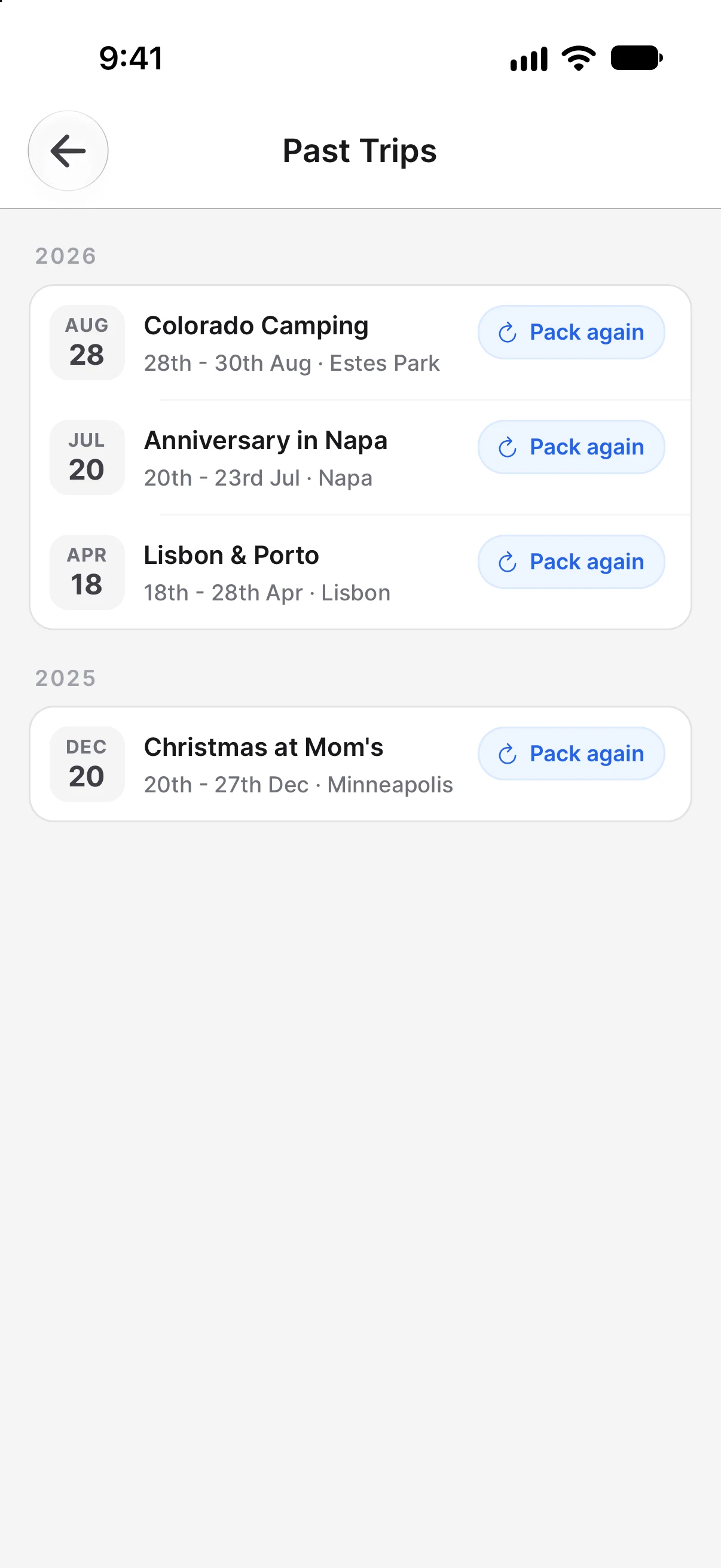Past trips by year, each with a Pack again button: Colorado Camping, Anniversary in Napa, Lisbon and Porto