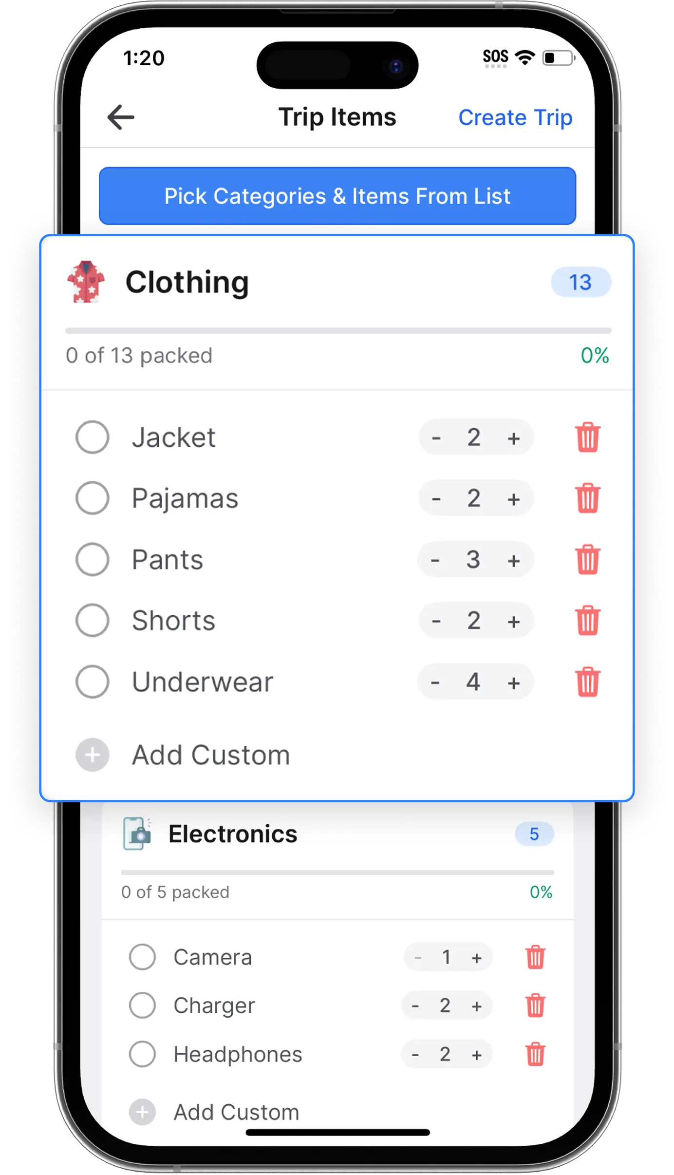 QuickPack app packing organization and checklist tools interface