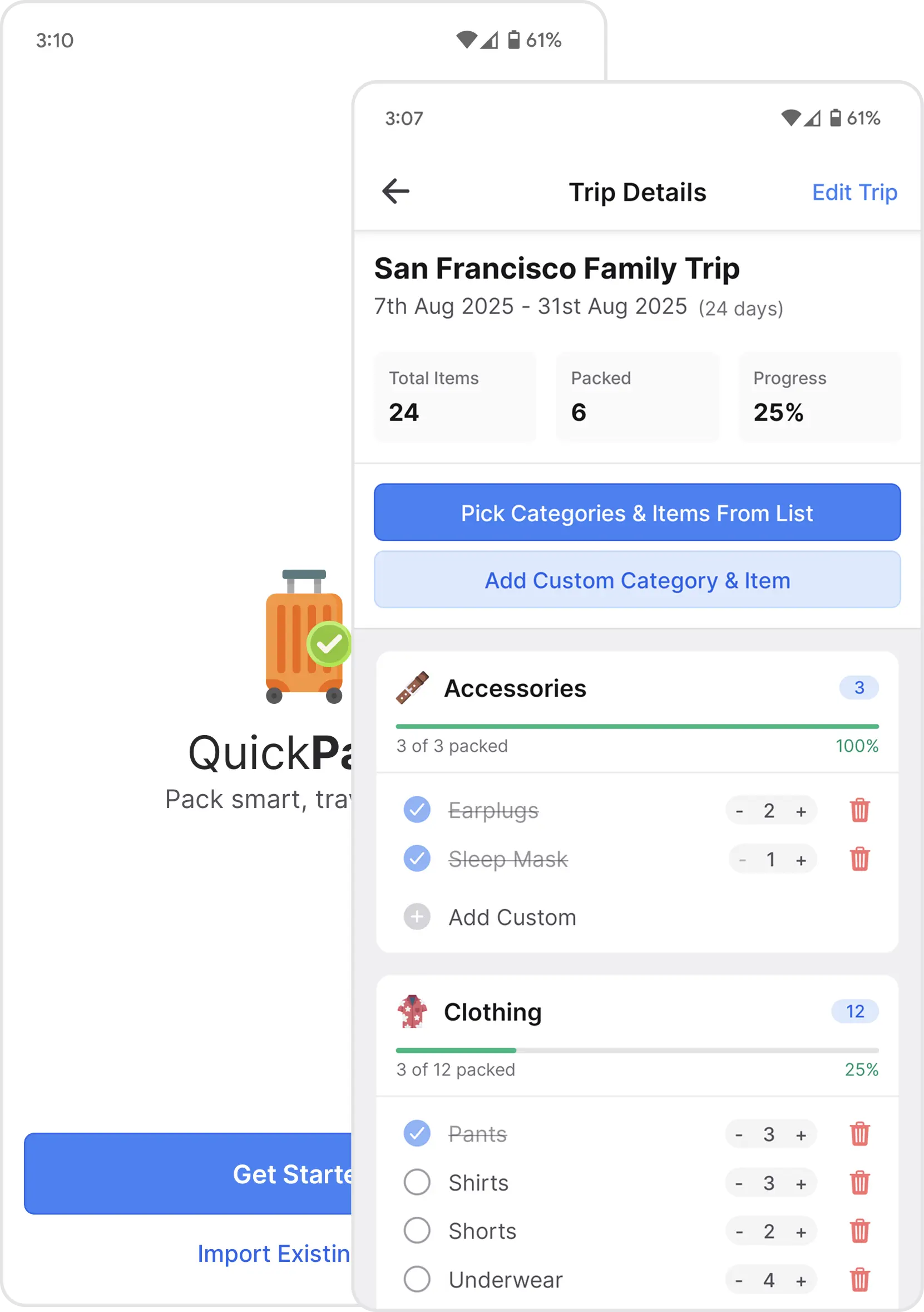 QuickPack app screenshots