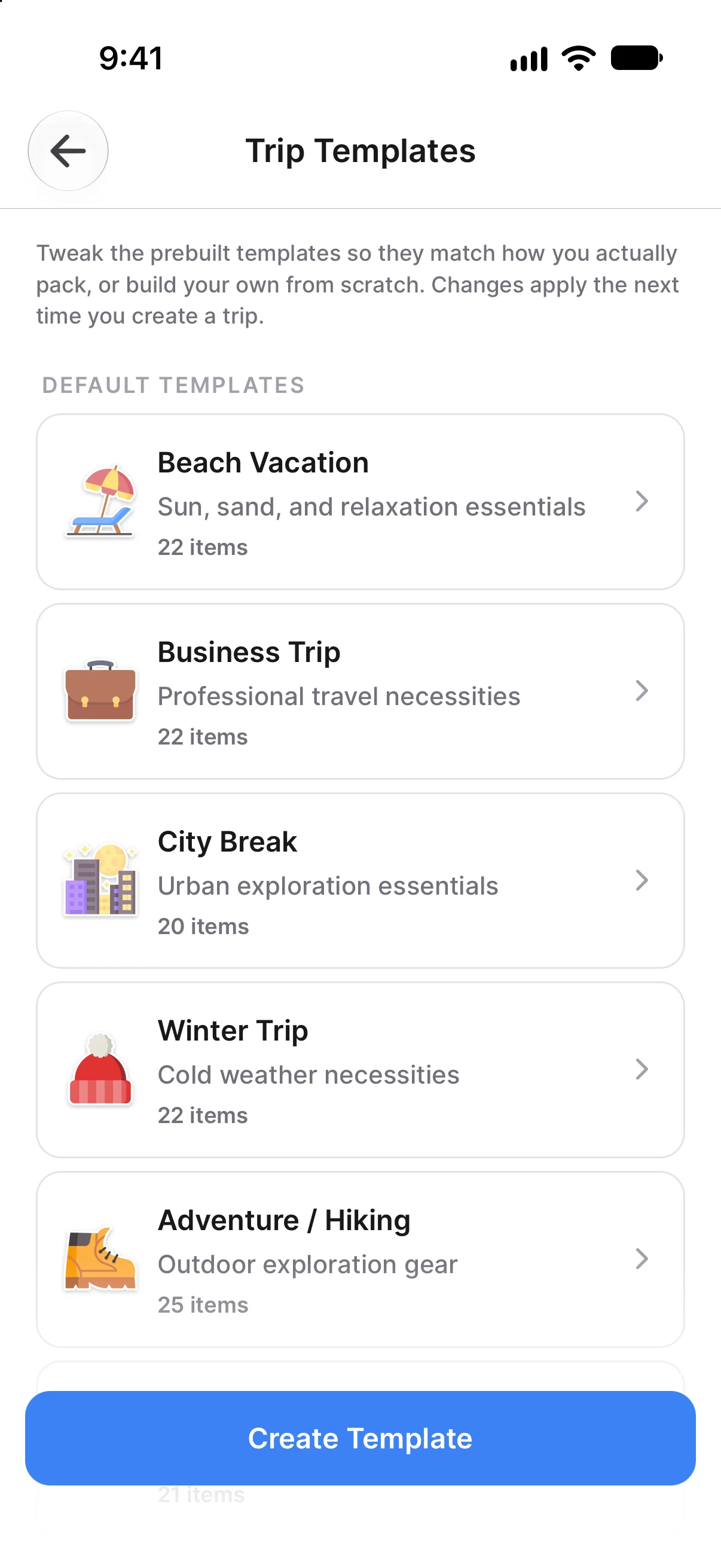 Trip templates: Beach Vacation, Business Trip, City Break and Winter Trip, each with its number of items